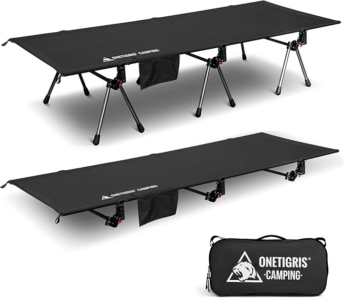 ONETIGRIS SUPRANUBIS Camping Cot, Height Adjustable with Cot Leg Extenders, Strong Support 330lbs, Lightweight Comfortable Folding Bed for Camping, Hiking, Travel, Truck, Beach, Office Nap