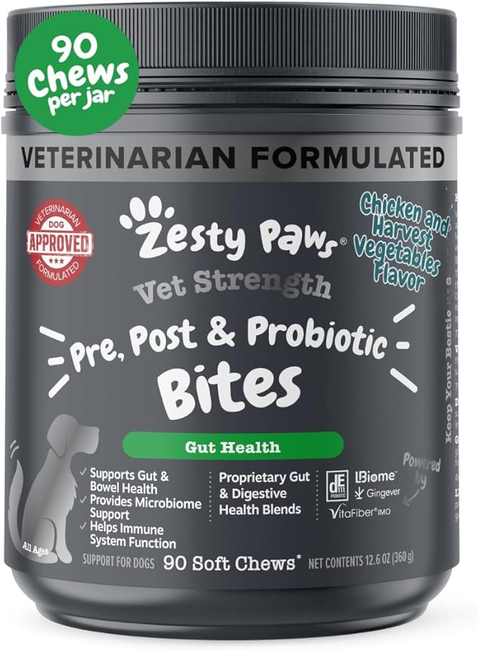 Zesty Paws Vet Strength Probiotics for Dogs, Digestive Health & Gut Flora Support, Dog Supplements, 90 Count