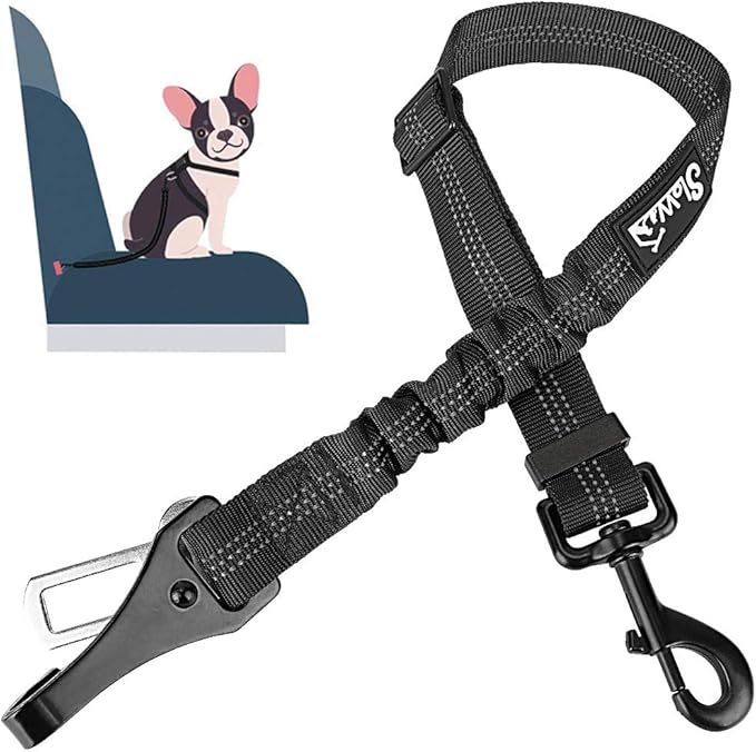 SlowTon Dog Seat Belt, Adjustable Dog Safety Belt Leash, 2 in 1 Latch Bar Attachment Dog Car Seatbelt with Elastic Nylon Bungee Buffer, Reflective Nylon Belt Tether Connect to Dog Harness (Black)