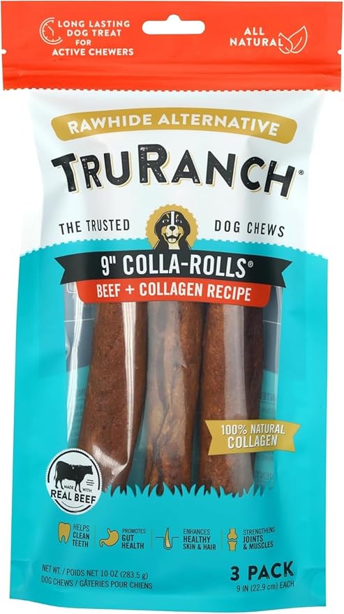 Collagen Rolls - 9" Collagen Rolls for Dogs - Long Lasting Healthy Joint Support Dog Treat - Rawhide Alternative - Skin & Coat Health - Made with Real Beef, 1 Bag, 3 Count