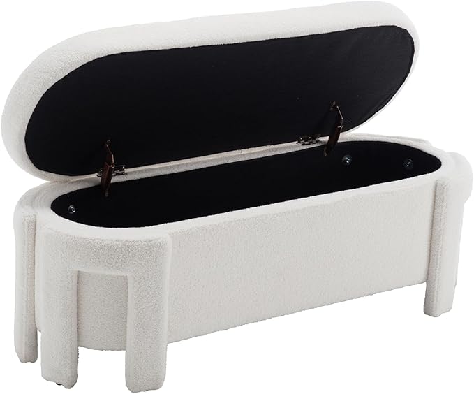 Kmax 50" Storage Ottoman Bench Modern Faux Fur Boucle Entryway Bench Comfy Upholstered End of Bed Bench for Hallway Entrance Bedroom Corner, White