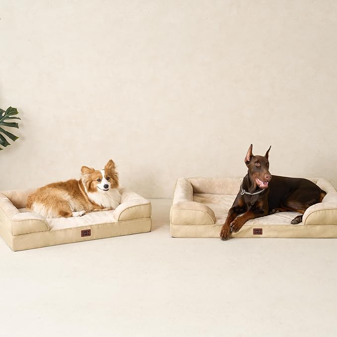 EHEYCIGA Orthopedic Dog Beds for Large Dogs, Waterproof Memory Foam Large Dog Bed with Sides, Non-Slip Bottom and Egg-Crate Foam Pet Couch Bed with Washable Removable Cover, Greige