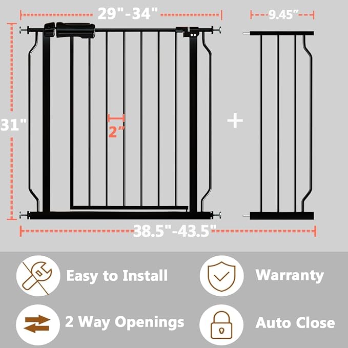 Fairy Baby Walk Through Baby Gate 38.5-43.5 Inch Wide, Pressure Mounted Safety Gate with Door No Drill, Black Tension Metal Gate for Dog and Toddler