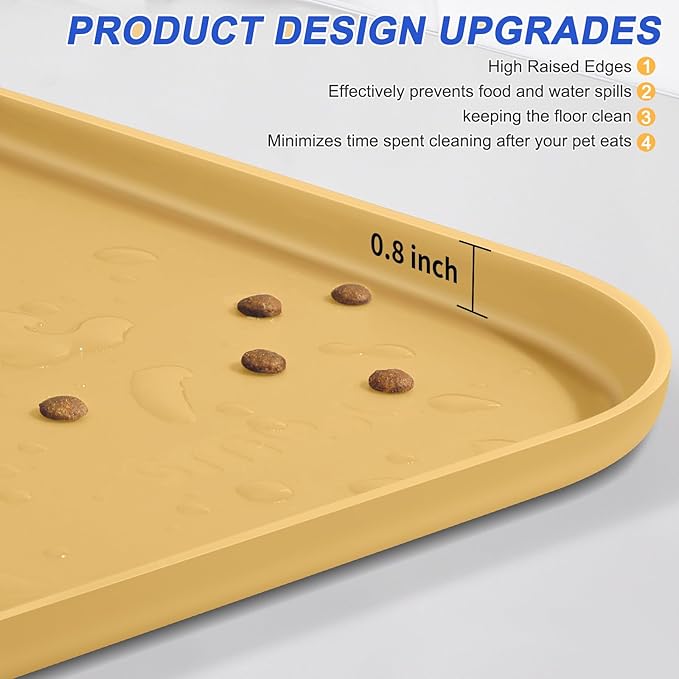 Silicone Pet Feeding Mat with Raised Edge for Food and Water, Dog Bowl Mats, Cat Bowls Placemat with High Lip for Floor Waterproof, Rubber Tray for Cats and Dogs 24 x 16 x0.8 Beige