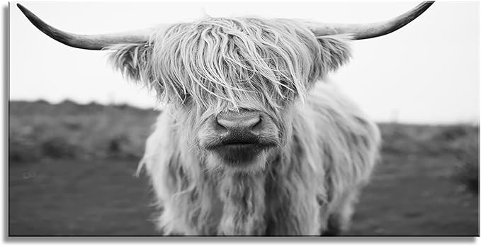 XXMWallArt FC3675 Highland Cow Canvas Art - Black and White Animal Wall Art for Living Room, Bedroom, Office Wall Decor