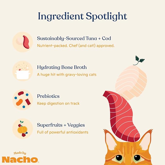 Made by Nacho Wet Cat Food, Minced Tuna and Cod in Bone Broth for Hydration with Prebiotics, High Protein, 2.5oz Cups (10 Pack)