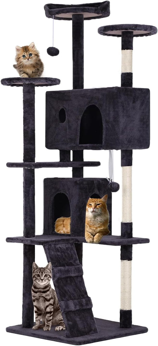 FDW Cat Tree 70in Cat Tower Multi-Level Durable Cat Scratching Post & Cozy Fun Cat Jumping Platform Space Saving Cat Condo Pet Play House for Indoor Cats,Ashy