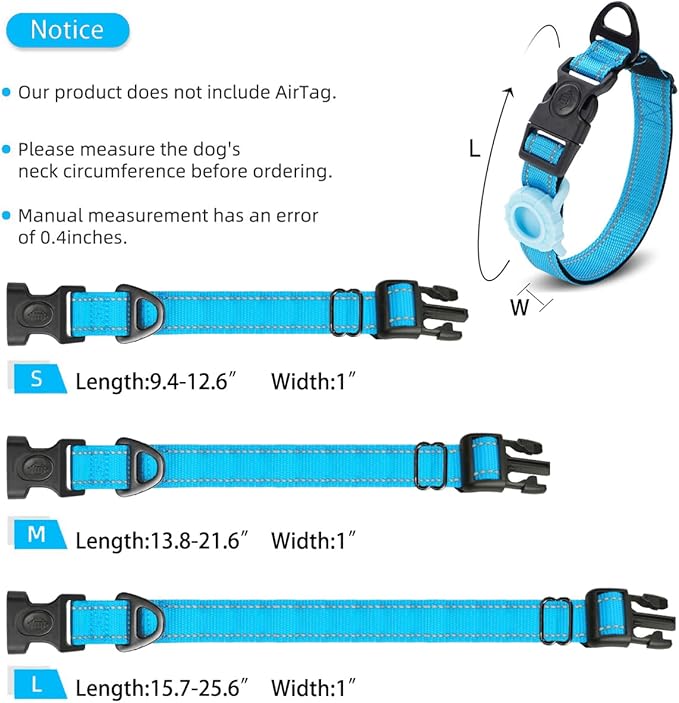 JSXD AirTag Dog Collar, Night Reflective Nylon Dog Collar for Small Medium Large Dogs,Lockable Quick Release Buckle,Padded Breathable Pet Collar with AirTag Holder (Blue, Large)