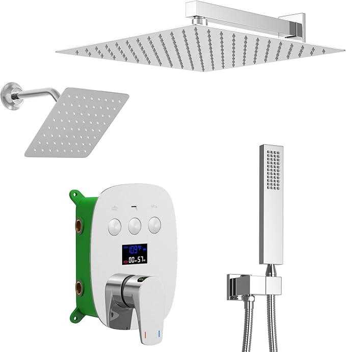 Chrome Shower System Set Temperature Display Push Button Shower Faucet with 12 inch and 8 inch Wall Mount Full Body Shower Head and Handheld Shower