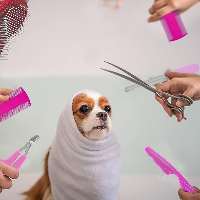 7-Piece Small Pet Grooming Kit: Brush, Nail Clippers, Hair Remover, Shampoo Brush with Hand Strap for Rabbits, Hamsters, Bunnies