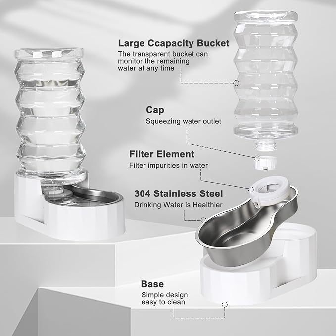RIZZARI Large Gravity Water Dispenser: 8L Automatic Upgraded Water Feeder with Stainless Steel Bowl - Two Caps and Filters for Pets Indoor/Outdoor Use by Owners