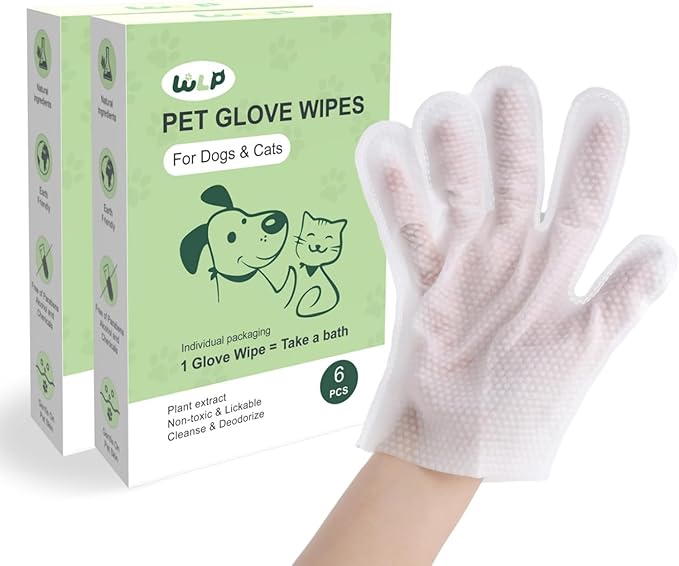 WLP Cleaning & Deodorizing Glove Bath Wipes for Dogs and Cats, Hypoallergenic Nourish Fur Aloe Extract Jojoba Oil Pet Grooming Wipes for Daily and Travel (12 PCS)