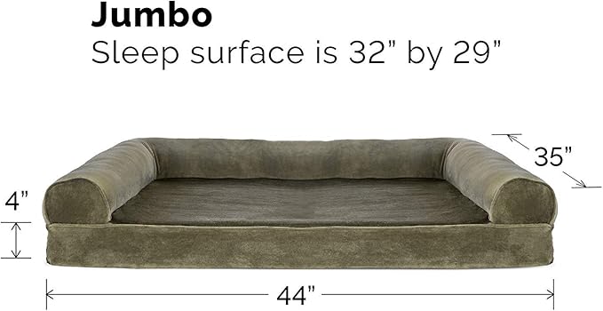 Furhaven Cooling Gel Dog Bed for Large Dogs w/ Removable Bolsters & Washable Cover, For Dogs Up to 95 lbs - Faux Fur & Velvet Sofa - Dark Sage, Jumbo/XL