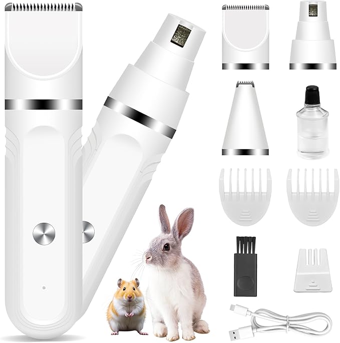 Guinea Pig & Rabbit Grooming Kit 2 in 1 – Cordless Hair Clipper & Nail Grinder for Small Animals– Low-Noise Rechargeable Nail Clippers Electric