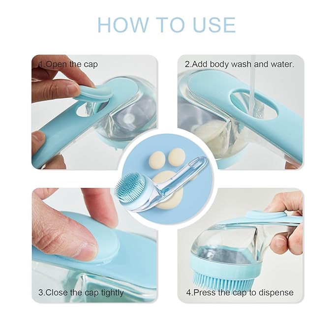 (4PCS) Pet Bath Brush,2025 New 2 in 1 Dog Bath Brush,Dog Shampoo Brush Bubble Maker,Bathing Dogs Grooming Massage Brush for Long & Short Haired Dogs & Cats,with Built-in Shampoo Dispenser(Blue)