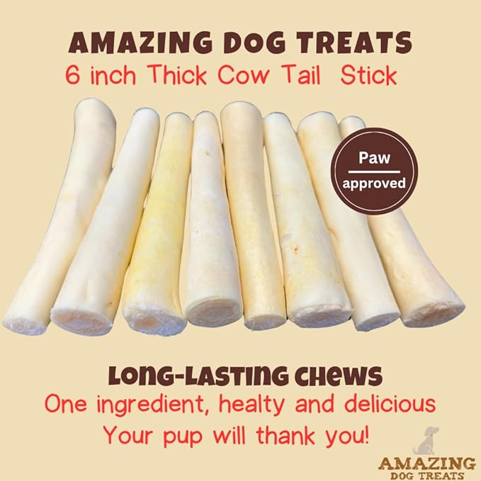 Amazing Dog Treats - 6 Inch Cow Tail Dog Chew- Thick - (20 Pcs/Pack) - Premium Quality - Sourced from Grass Fed Cattle - Long Lasting Dog Chew- Rawhide Alternative