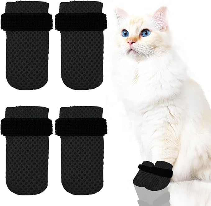 4 PCS Cat Mittens to Prevent Scratching,Mesh Breathable Cat Shoes,Adjustable Cats Anti Scratch Gloves,Suitable for Cats When Bathing and Nail Trimming (Black, L)