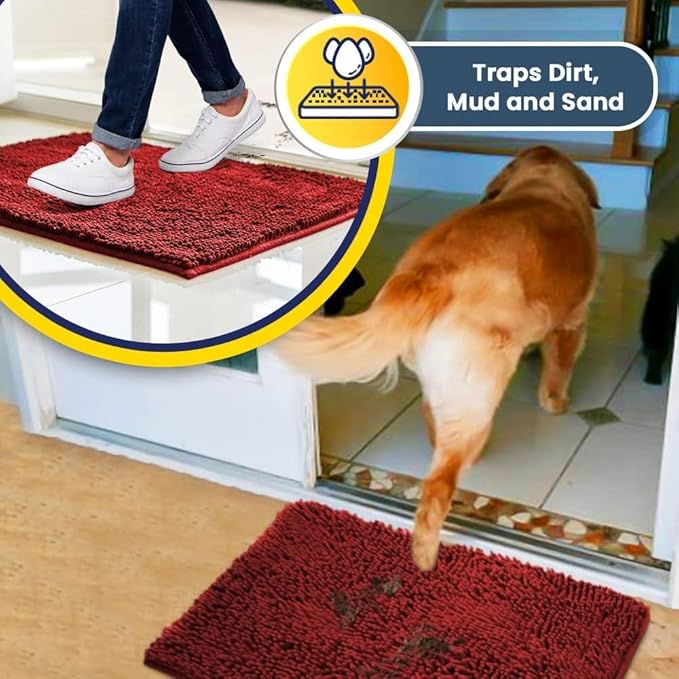 Muddy Mat® AS-SEEN-ON-TV Highly Absorbent Microfiber Door Mat and Pet Rug, Non Slip Thick Washable Area and Bath Mat Soft Chenille for Kitchen Bathroom Bedroom Indoor and Outdoor - Red 24" x 96"
