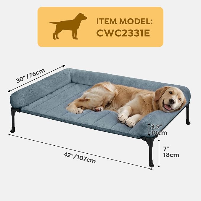 Veehoo Cooling Elevated Dog Bed with Fluffy Plush Bolster Cushion, Indoor Raised Dog Beds for Large Dogs, Soft Pet Sofa Cot with Removable Washable Mat, No-Slip Feet, 42 x 30 inches, Haze Blue