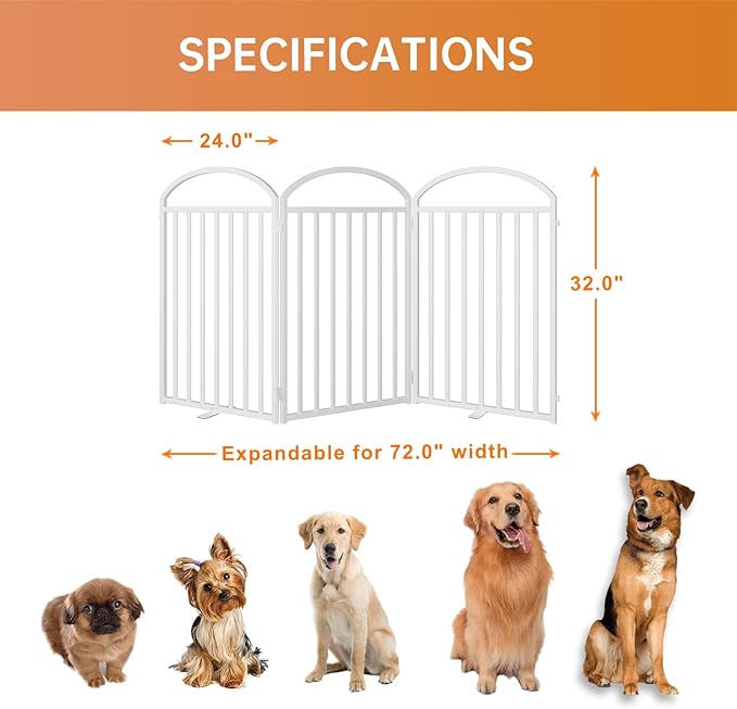 3 Panles Full Matel Freestanding Dog Gates with Door, 72"Extra Wide 32"Tall Free Standing Dog Pet Gate for Indoor & Outdoor. Foldable Pet Fences for Doorways, House, Stairs, Porch, Deck, Yard