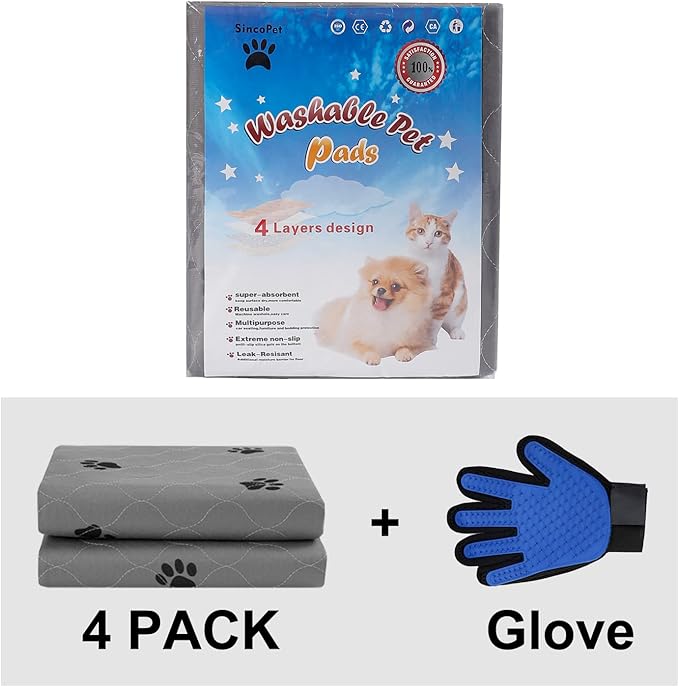 SincoPet Washable Pee Pads for Dogs + Free Puppy Grooming Gloves/Quilted, Fast Absorbing Machine Washable Dog Whelping Pad/Waterproof Puppy Training Pad/Housebreaking Absorption Pads