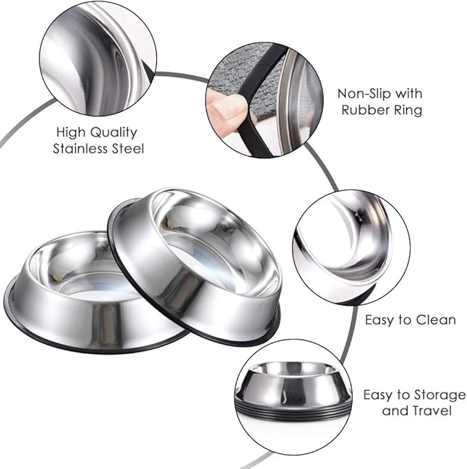 Stainless Steel Dog Bowls, 2.2 Cup/18oz Cat Bowl Water and Food with Rubber Base, Pet Bowls for Medium Dogs, Cats and Rabbit, 3Pack