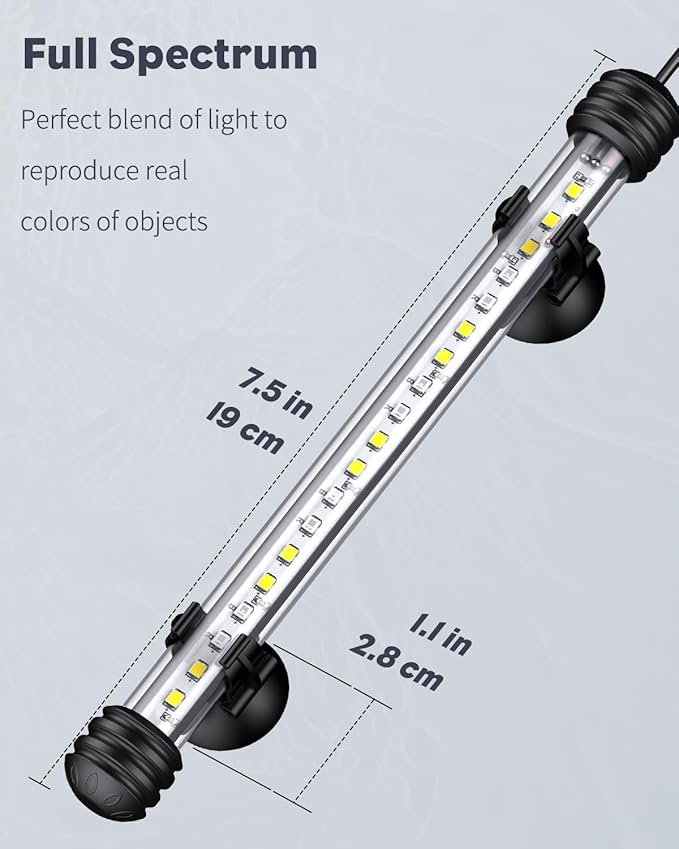 Pawfly 3 W Aquarium LED Light 7.5 Inch Underwater Fish Tank Light with Full Spectrum IP68 Waterproof White Blue Red Lights with Daytime & Night Mode Timer Auto On/Off and Adjustable Brightness