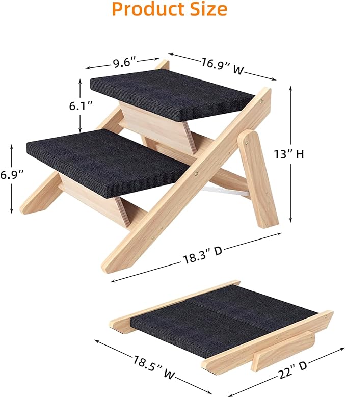Dog Stairs/Ramp for Bed, Wooden Convertible Pet Steps, Portable Dog Ladder Up to 180 Pound for Elderly/Short-Legged Dogs, 2 Steps for Beds, Couch, Cars