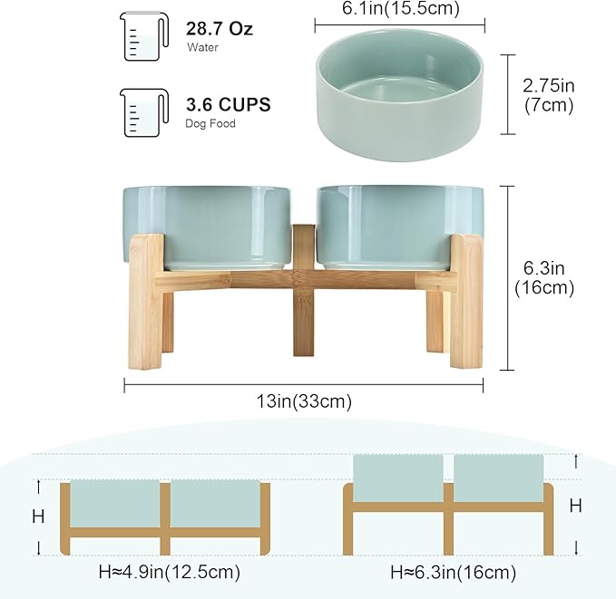 SPUNKYJUNKY Elevated Dog Bowls Ceramic, 6.1'' Dogs and Cat Food Water Bowls Raised with Non-Slip Bamboo Stand for Medium Sized Breed Microwave Dishwasher Safe - 28.7 OZ,Light Green