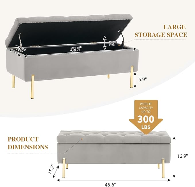 Velvet Storage Bench Ottoman with Soft Close Lid, End of Bed Bench Upholstered Fabric Storage Ottoman Bench for Bedroom Entryway Living Room, Grey