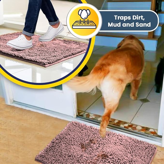 Muddy Mat® AS-SEEN-ON-TV Highly Absorbent Microfiber Door Mat and Pet Rug, Non Slip Thick Washable Area and Bath Mat Soft Chenille for Kitchen Bedroom Indoor and Outdoor - Light Pink 24" x 96"