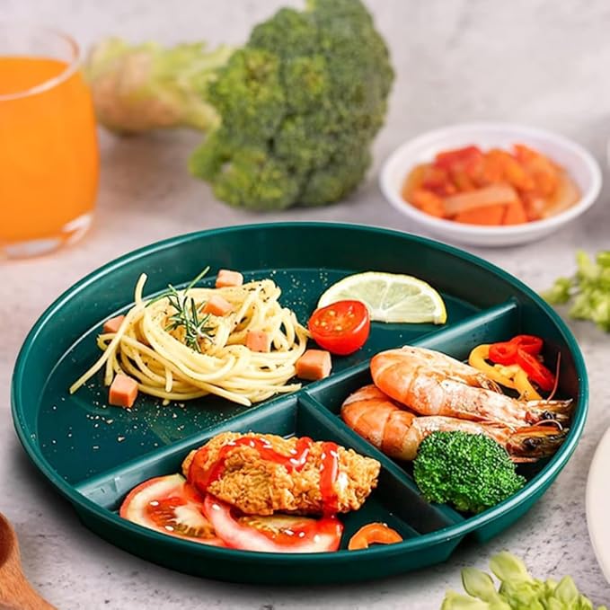 9" Unbreakable Divided Plates Set of 5, Wheat Straw Plate Reusable Dinnerware Portion Control Plate, Round Bariatric Plastic Plate for Kids Adults, BPA-free, Dishwasher Safe