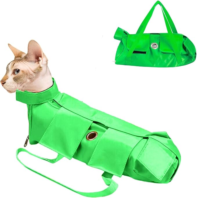 HDKUW Cat Grooming Bag,Foldable Travel Carrier for Cats,Anti-Bite Anti-Scratch Cat Grooming Restraint Bag,Pet Carrier for Administering Eye Drops,Ear Cleaner,Clipping Nails Green M