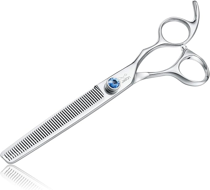 JASON 7" 50 Teeth Thinning Dog Grooming Blending Scissor, Ergonomic Pet Grooming Thinner Blender Shears Cat Trimming Texturizing Kit with Offset Handle and a Jewelled Screw, 30% Thinning Rate