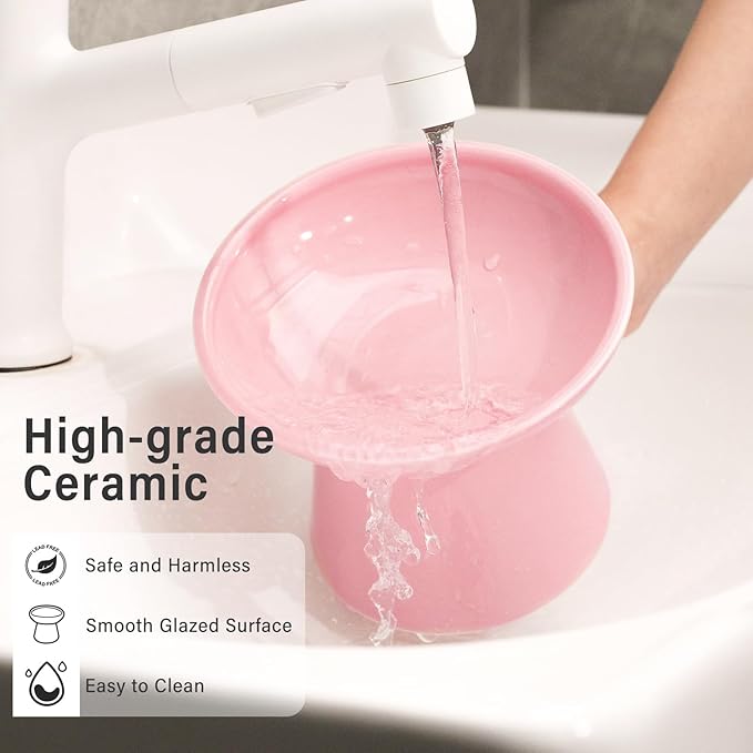 Extra Wide Elevated Ceramic Cat Bowl, 6.2" Shallow Dish for Whisker Fatigue Relief, 5" Height for Easy Feeding, Durable Raised Cat Food Bowls, Pack of 2, Pink