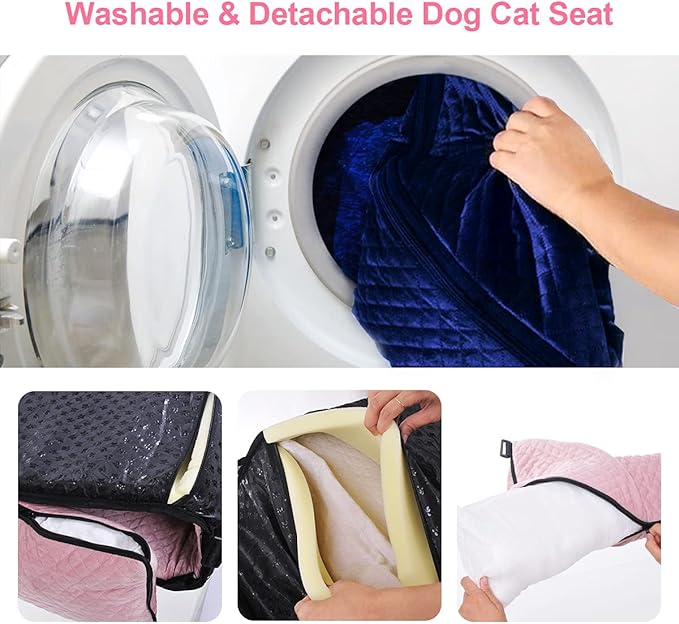 Dog Car Seat for Small Medium Dogs Up to 40lbs, Detachable Washable Soft Pet Booster Travel Bed for Front & Pink Seat with Safety Leash Belt