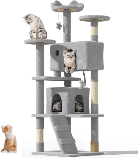 60'' Cat tree Tower for Indoor Cats Large Adult,Cute/Tall Modern Cat Tree for Big Cats 20 lbs,Plush Multi-Level Cat Condo with Scratching Posts,Dangling Ball for fun play(Light Gray, 60 inch)