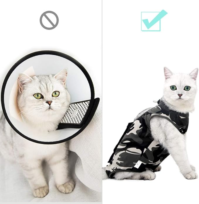 DOTON Cat Recovery Suit for Male and Female Surgical Post Surgery Soft Cone Onesie Shirt Clothes Neuter Licking Protective Diapers Outfit Cover Kitten Spay Collar(M, Camouflage)