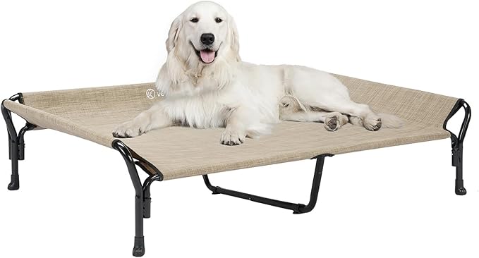 Veehoo Cooling Elevated Dog Bed, XL Raised Pet Cot with Guardrail & Slope Headrest, Durable Breathable Teslin Mesh, Non-Slip Feet, Washable Dog Couch Bed for Indoor & Outdoor, 50.5" x 33.5", Beige
