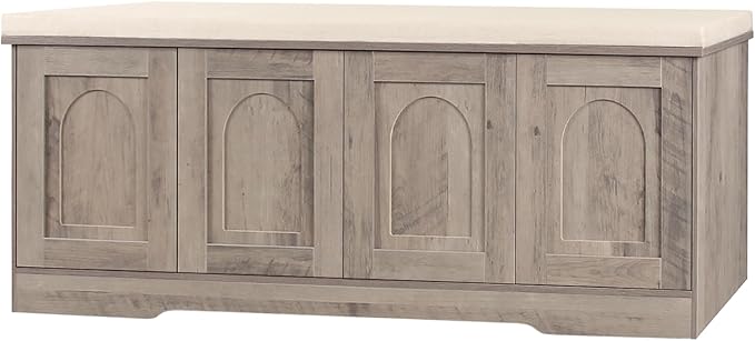 DINZI LVJ Shoe Bench, Entryway Storage Bench with Doors, Cushion, 2-Tier Shoe Rack with 8-Cubby, 47.2”L x 13.8”W Shoe Organizer Cabinet, Adjustable Shelf, Living Room, Bedroom, Greige