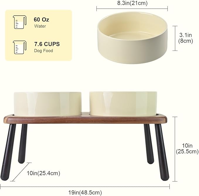 SPUNKYJUNKY Ceramic Elevated Dog Bowls Raised with Acacia Bamboo Wooden Stand, 8.3'' Dog Food Water Bowls Set Non-Slip for Medium Large Sized Breed Microwave Dishwasher Safe - 60 OZ,Beige