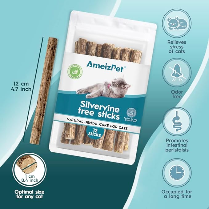 Catnip Sticks for Cats, Cat Dental Chew Sticks - Natural Matatabi Cats Dental Care, Silvervine Cat Teeth Cleaning (12 pcs)