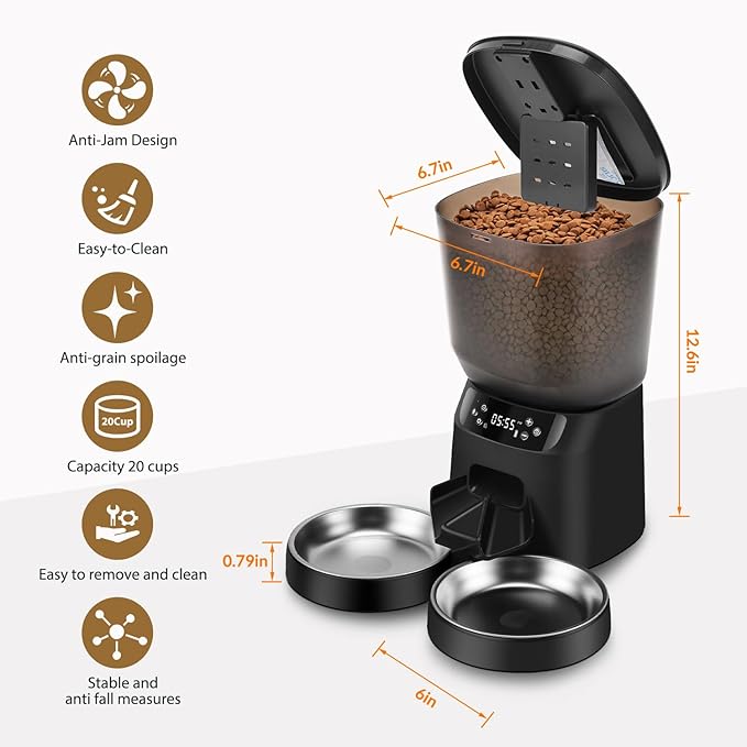 Automatic Cat Feeders for Two Cats, 5L/20 Cups Double Automatic Cat Food Dispenser with 2 Stainless Bowls, Timer Setting 20 Portions 6 Meals Per Day, 10s Meal Call, Pet Feeder for Dog (Black)