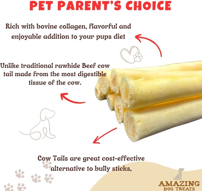 Amazing Dog Treats - 6 Inch Cow Tail Dog Chew- Thick - (10 Pcs/Pack) - Premium Quality - Sourced from Grass Fed Cattle - Long Lasting Dog Chew- Rawhide Alternative