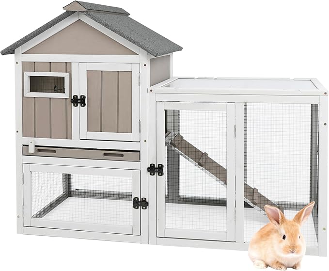 47''L Rabbit Hutch Outdoor Chicken Coop with Run, Wooden Indoor 2 Story Bunny House with Waterproof Roof, Pull Out Tray, Guinea Pig Rabbit Duck Cage for Small to Medium Animals and Pet Lover, Gray