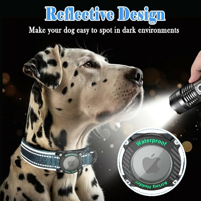 Upgraded AirTag Dog Collar, IP68 Waterproof Dog Collar with Apple Air Tag Holder, Reflective Adjustable Heavy Duty Dog Collars with Soft Padded for Small, Medium and Large Dogs,Blue, S