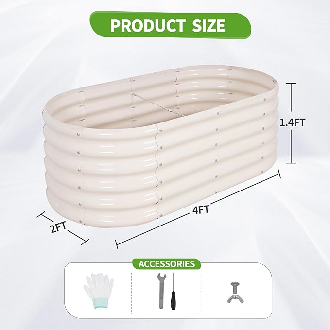 Galvanized Raised Garden Bed Outdoor- 2 Pcs Raised Beds for Gardening| Metal Planter Box, Steel Raised Garden Bed Kit with Gloves for Vegetables, Flower, Herbs (4x2x1.4FT, White)