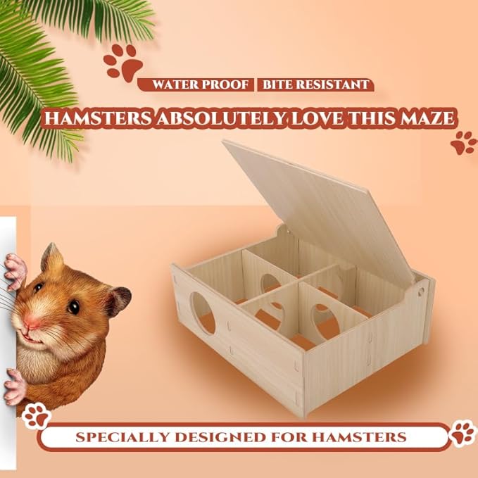 Hamster and Mouse Wooden Tunnel Cage Secret Peep Shed and Explore Hideout Flip Cover Design Hamster Play Tunnel