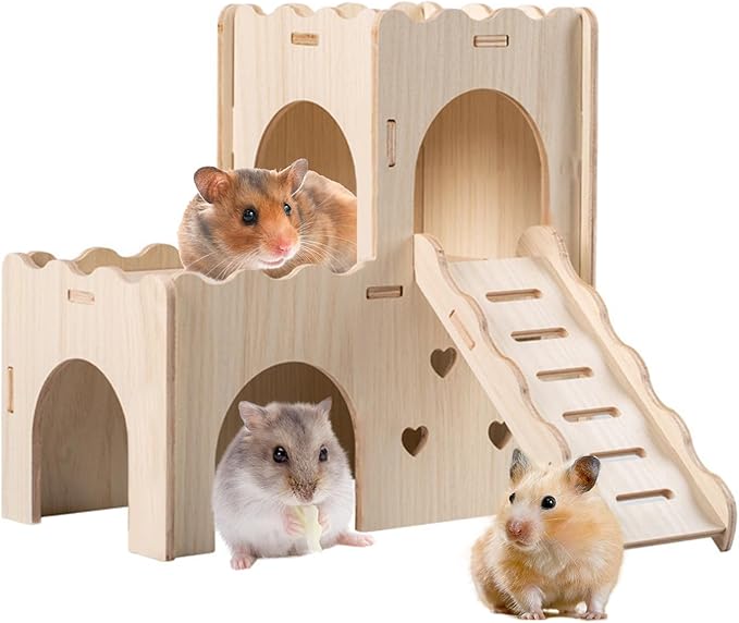 Large Wooden Hamster House Castle with Double Decker,Large Hamster, Wooden Hamster Houses,Dwarf Hamster Habitat Hideout with Climbing Ladder,Large Guinea Pig Castle Detachable Hideouts(D)
