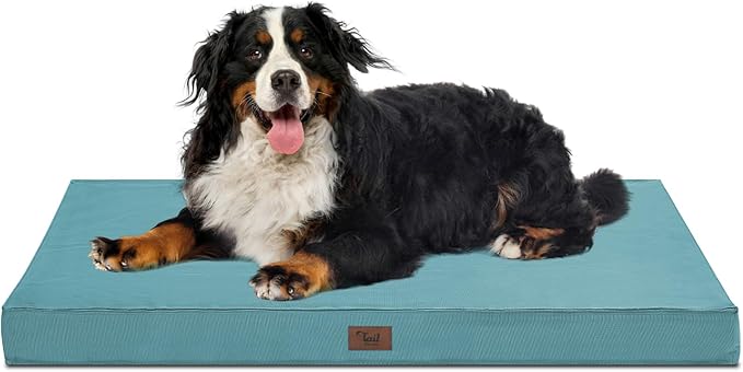 Outdoor Extra Large Dog Crate Bed, Big Waterproof Dog Bed for Large Dogs, Orthopedic Egg Foam Pet Bed Mat with Removable Cooling Cover, Light Blue
